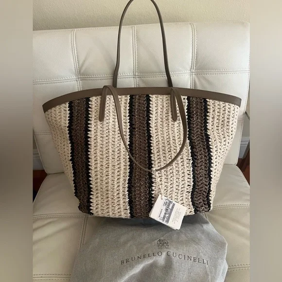 NWT 3K Brunello Cucinelli Italy Brown Cream Sequins Knitted Tote Handbag Bag - Picture 12 of 14